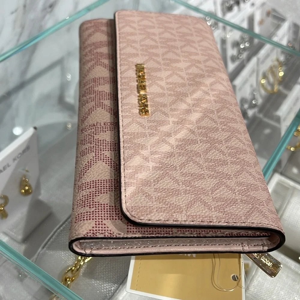 Michael Kors Jet Set Large Logo Trifold Wallet Powder Blush Multi NWT
